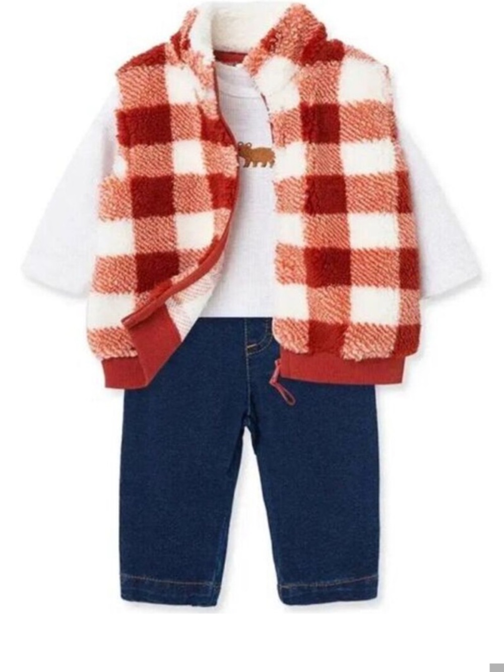 Little Me Brown and White Check Sherpa Vest 3 piece set for Kids